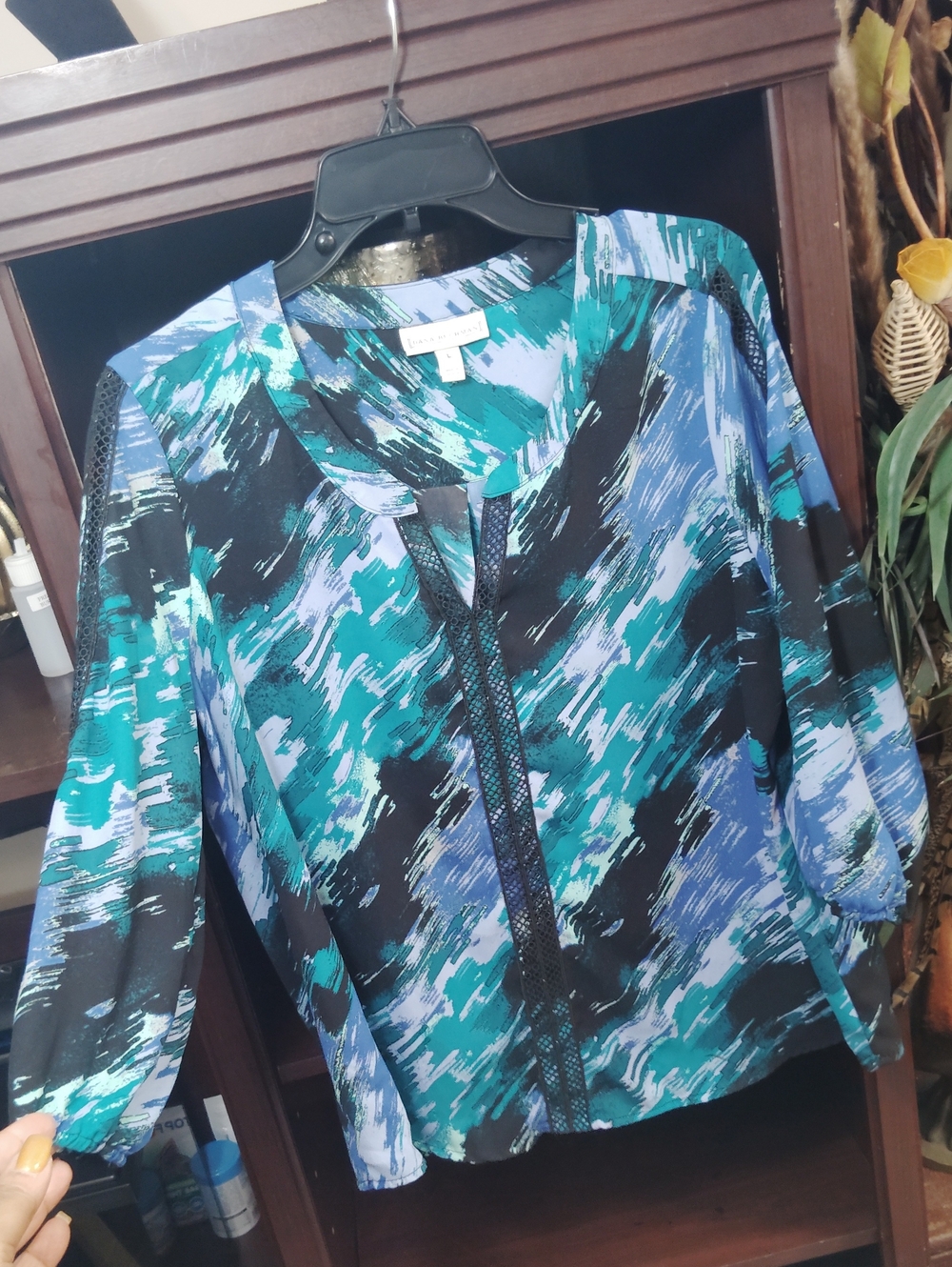 Dana Buchman Teal and Blue Abstract V-Neck Blouse